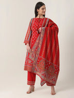 Yufta Red Silk Tie Up Kurta Set With Pant & Dupatta | Grocsy