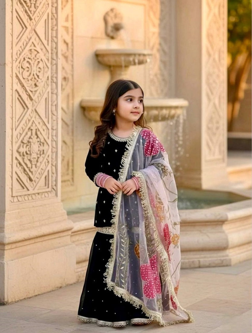 Evanik Black Designer Viscose Velvet Embroidered Work Kids Kurta Sharara Set | Grocsy