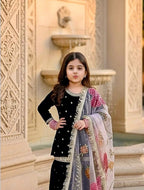 Evanik Black Designer Viscose Velvet Embroidered Work Kids Kurta Sharara Set | Grocsy