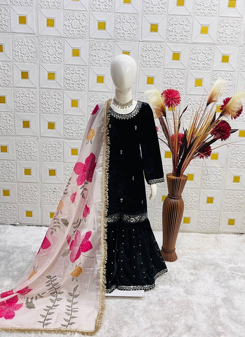 Evanik Black Designer Viscose Velvet Embroidered Work Kids Kurta Sharara Set | Grocsy