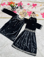 Evanik Black Designer Viscose Velvet Embroidered Work Kids Kurta Sharara Set | Grocsy
