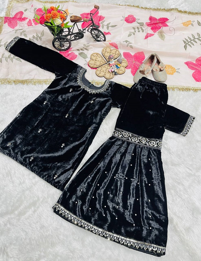 Evanik Black Designer Viscose Velvet Embroidered Work Kids Kurta Sharara Set | Grocsy