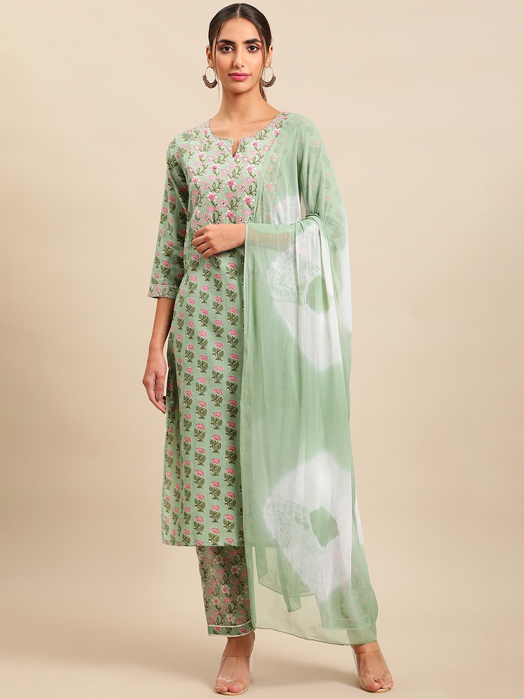 Sangria Women Floral Printed Gotta Patti Pure Cotton Kurta with Trousers & With Dupatta | Grocsy