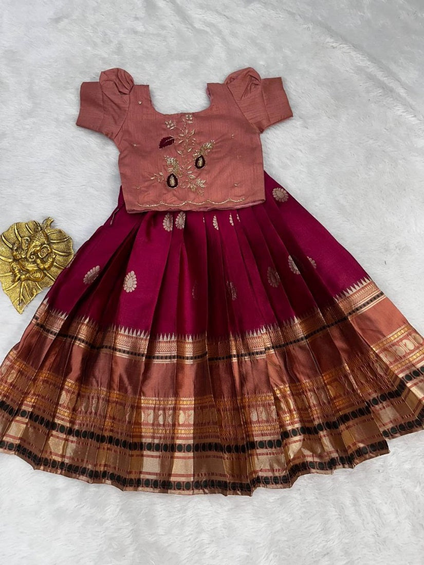 Evanik Peach Kids Silk Zari Weaving Work Lehenga Choli | Grocsy