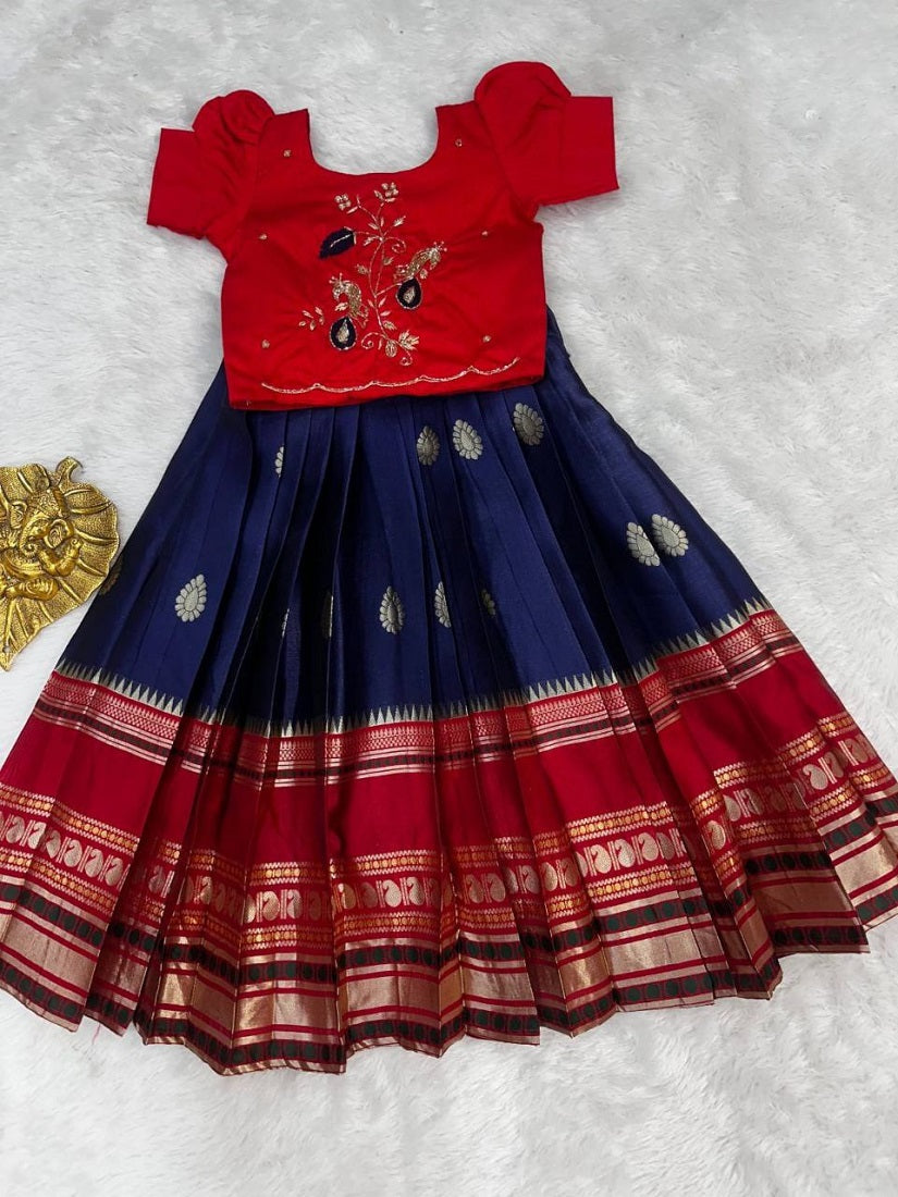 Evanik Red Kids Silk Zari Weaving Work Lehenga Choli | Grocsy