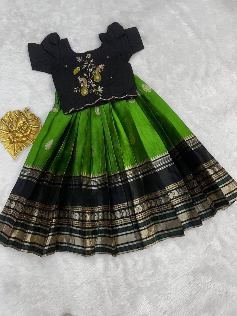 Evanik Black Kids Silk Zari Weaving Work Lehenga Choli | Grocsy