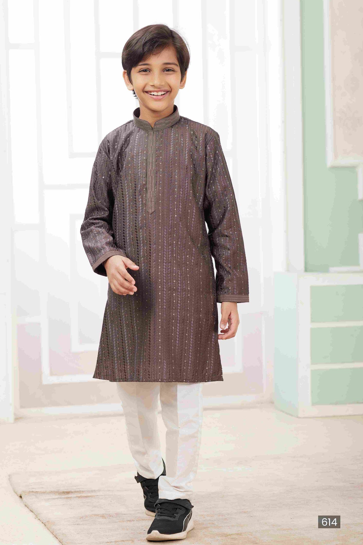 Raivat Ethnic Art Silk Embroidery Work Kids Kurta Pajama In Brown Colour | Grocsy