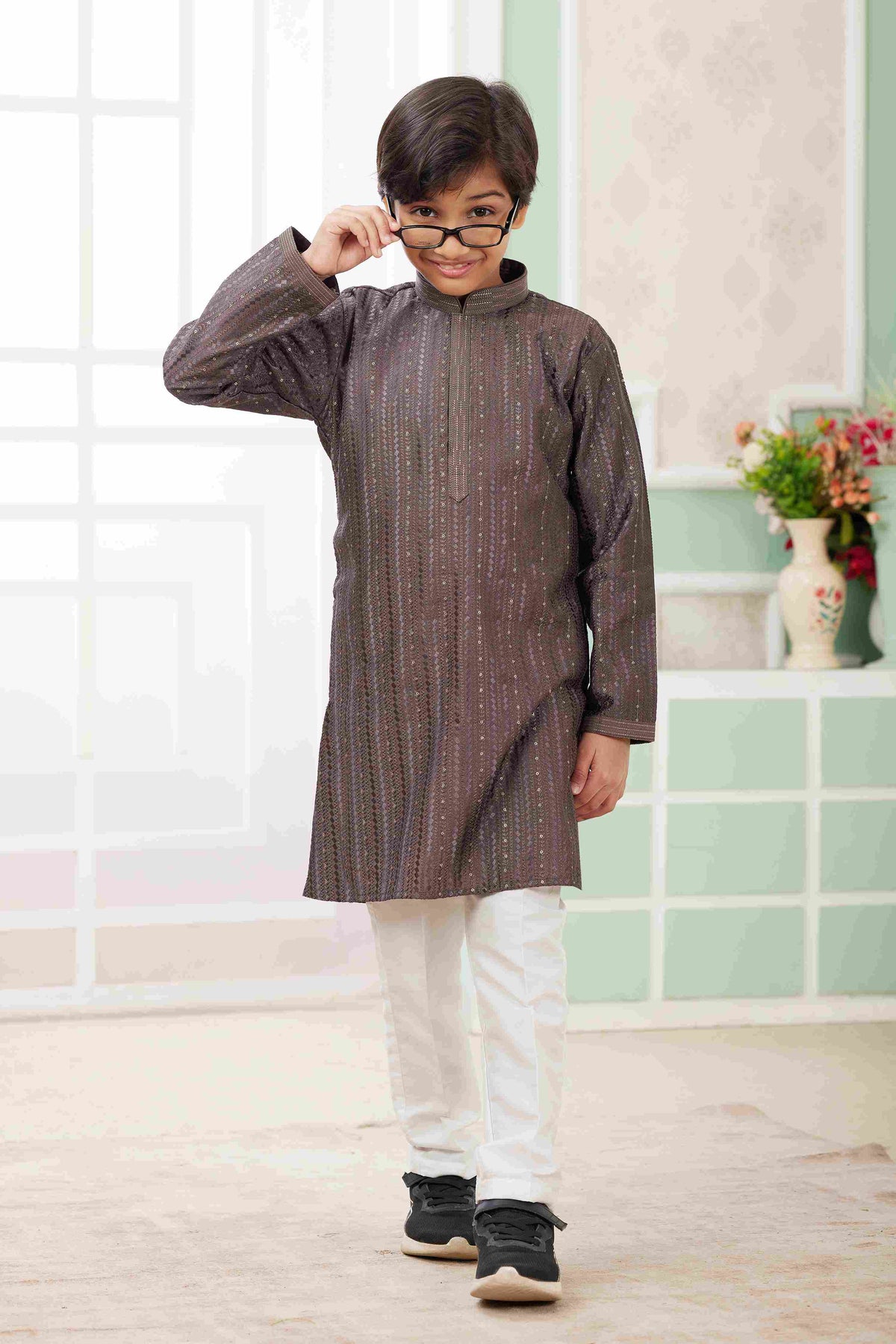 Raivat Ethnic Art Silk Embroidery Work Kids Kurta Pajama In Brown Colour | Grocsy