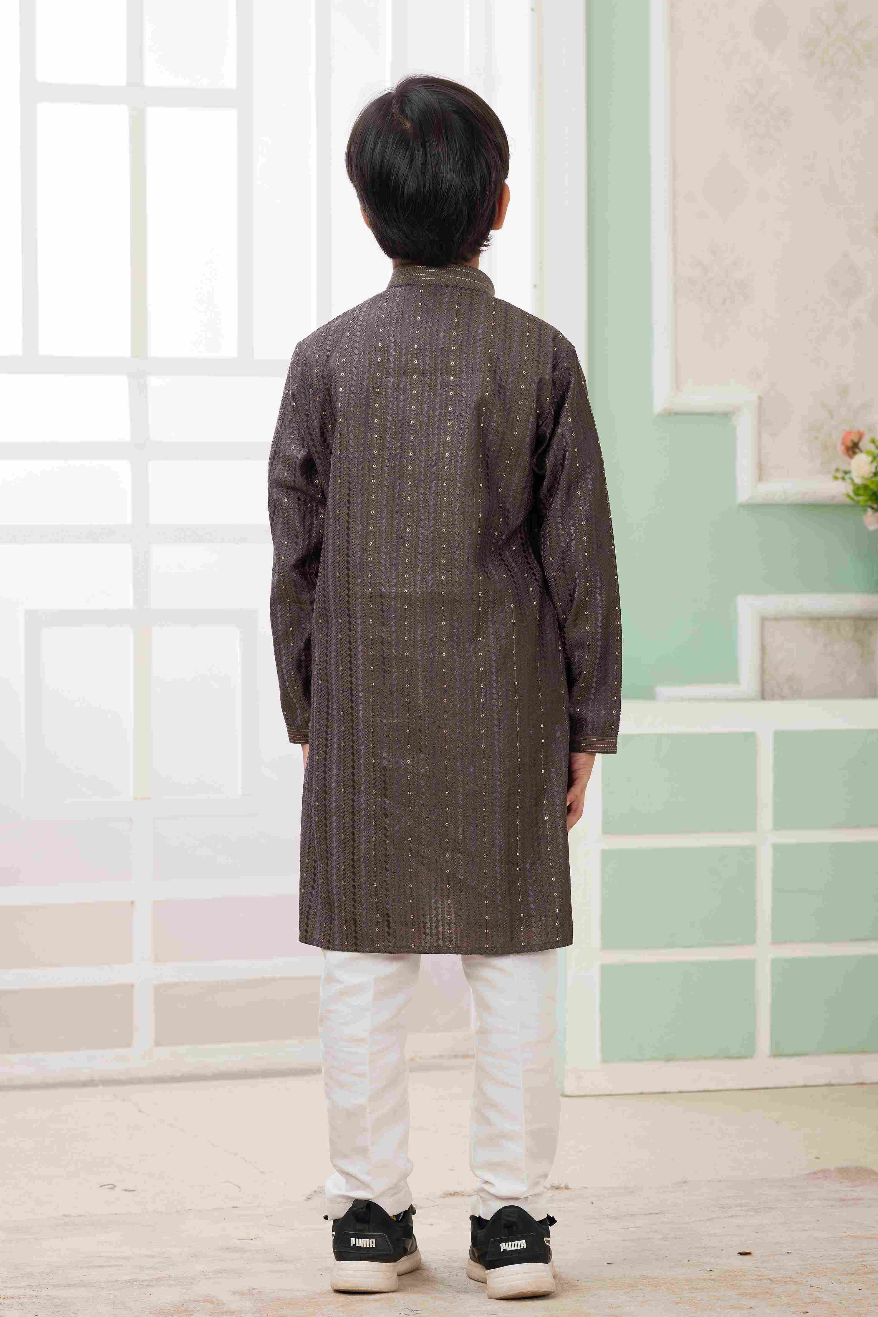 Raivat Ethnic Art Silk Embroidery Work Kids Kurta Pajama In Brown Colour | Grocsy