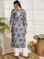 HOUSE OF KARI Floral Embroidered Chikankari Cotton Straight Kurta | Grocsy