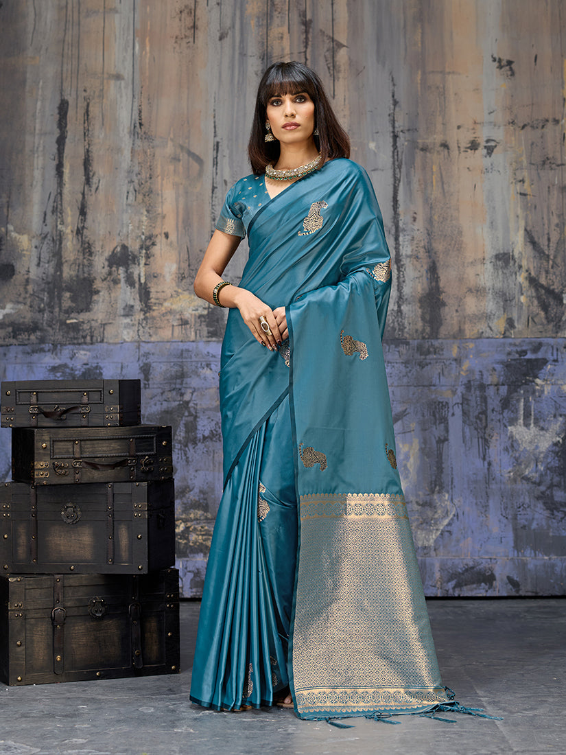 Monjolika Fashion Teal Blue Satin Weaving Silk Blend Saree With Elegant Golden Pallu | Grocsy