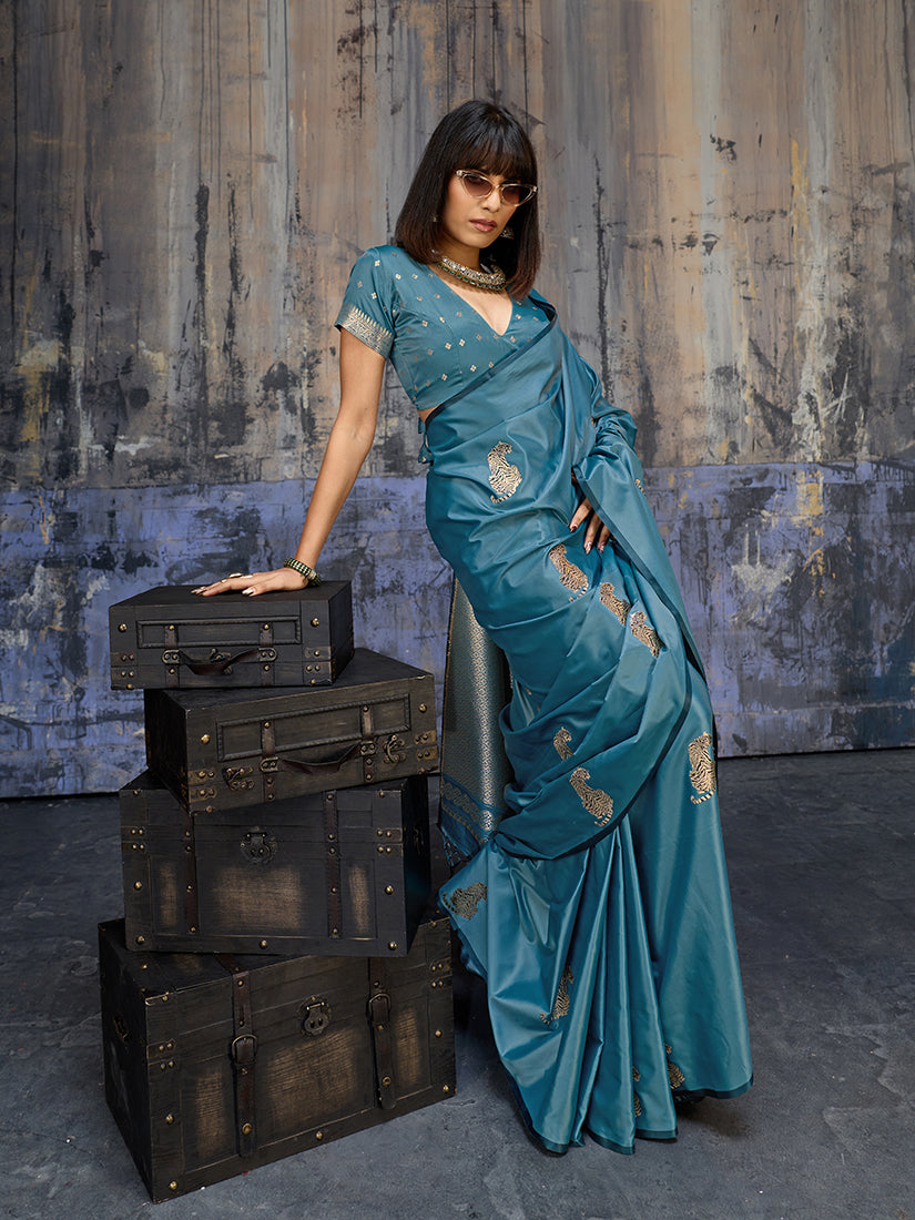 Monjolika Fashion Teal Blue Satin Weaving Silk Blend Saree With Elegant Golden Pallu | Grocsy