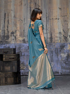 Monjolika Fashion Teal Blue Satin Weaving Silk Blend Saree With Elegant Golden Pallu | Grocsy