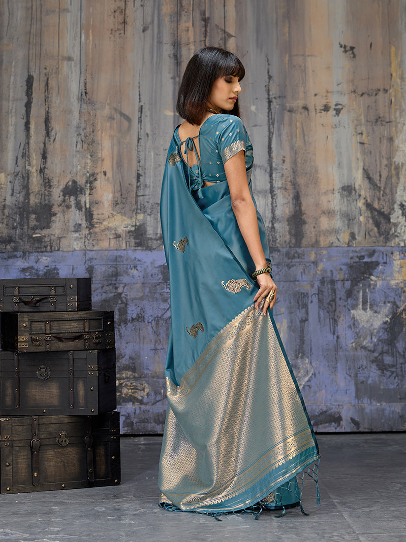 Monjolika Fashion Teal Blue Satin Weaving Silk Blend Saree With Elegant Golden Pallu | Grocsy