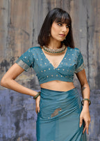 Monjolika Fashion Teal Blue Satin Weaving Silk Blend Saree With Elegant Golden Pallu | Grocsy