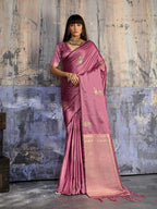 Monjolika Fashion Pink Satin Weaving Silk Blend Saree With Elegant Golden Pallu | Grocsy