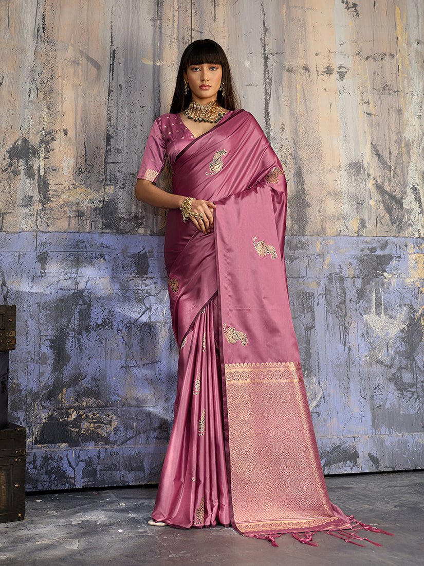 Monjolika Fashion Pink Satin Weaving Silk Blend Saree With Elegant Golden Pallu | Grocsy