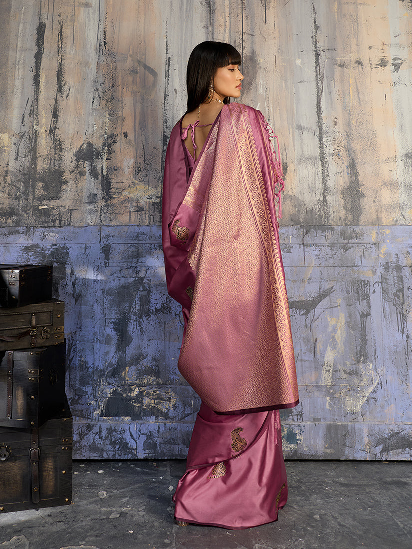 Monjolika Fashion Pink Satin Weaving Silk Blend Saree With Elegant Golden Pallu | Grocsy