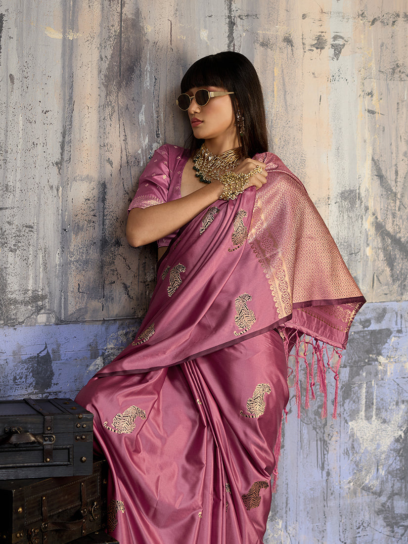 Monjolika Fashion Pink Satin Weaving Silk Blend Saree With Elegant Golden Pallu | Grocsy