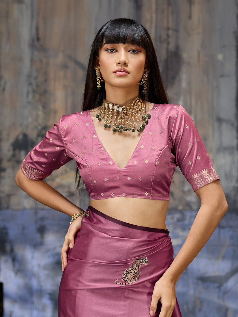 Monjolika Fashion Pink Satin Weaving Silk Blend Saree With Elegant Golden Pallu | Grocsy