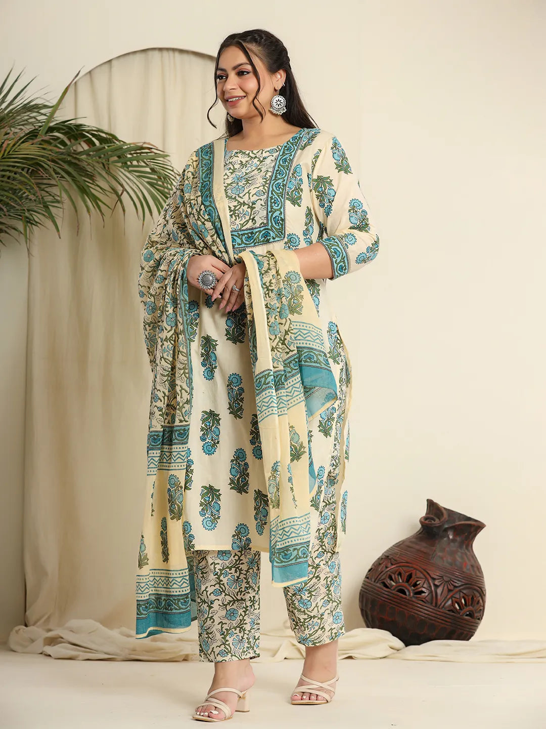 Yufta Cream Pure Cotton Kurta Set With Pant & Dupatta | Grocsy