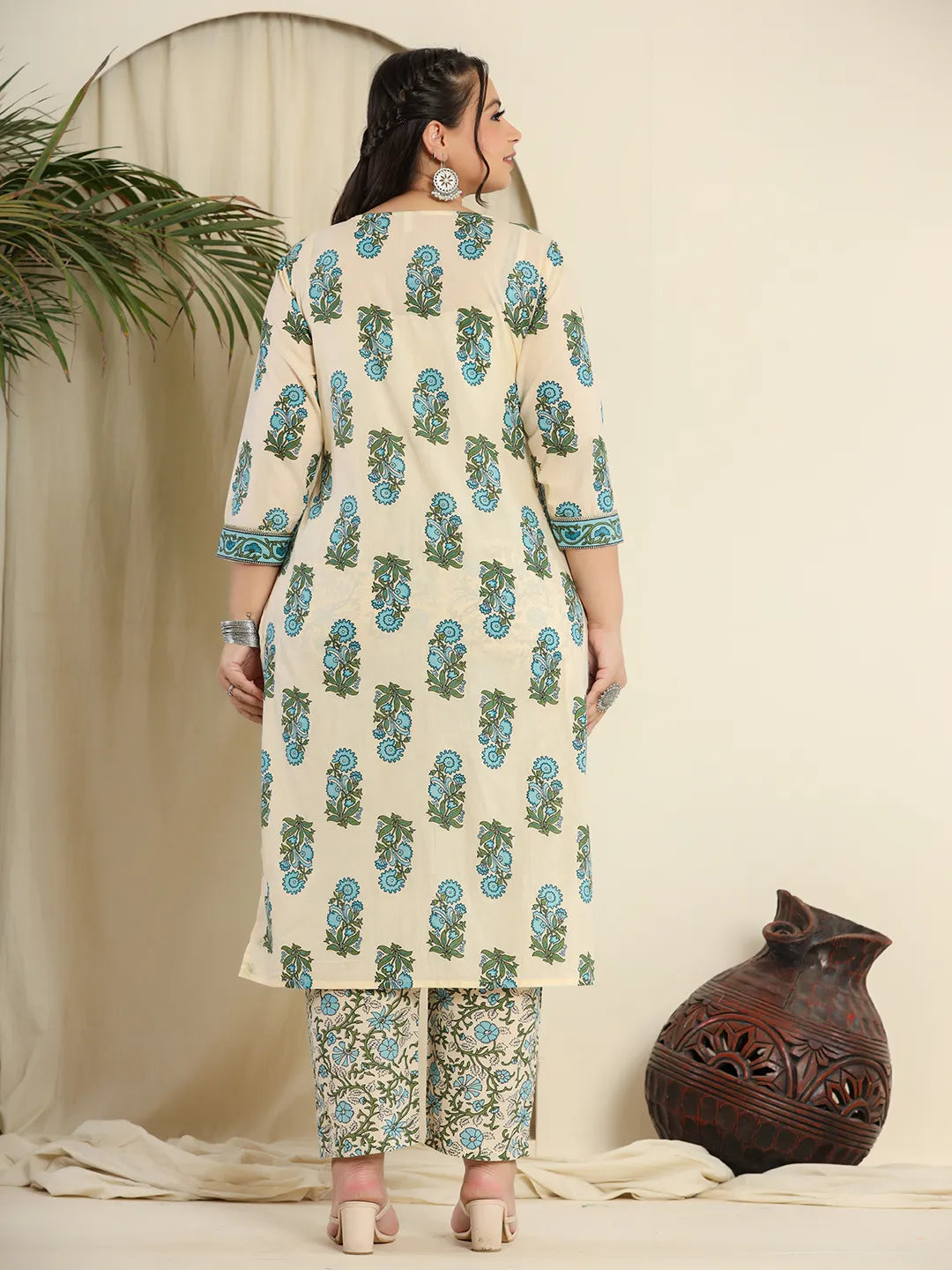 Yufta Cream Pure Cotton Kurta Set With Pant & Dupatta | Grocsy