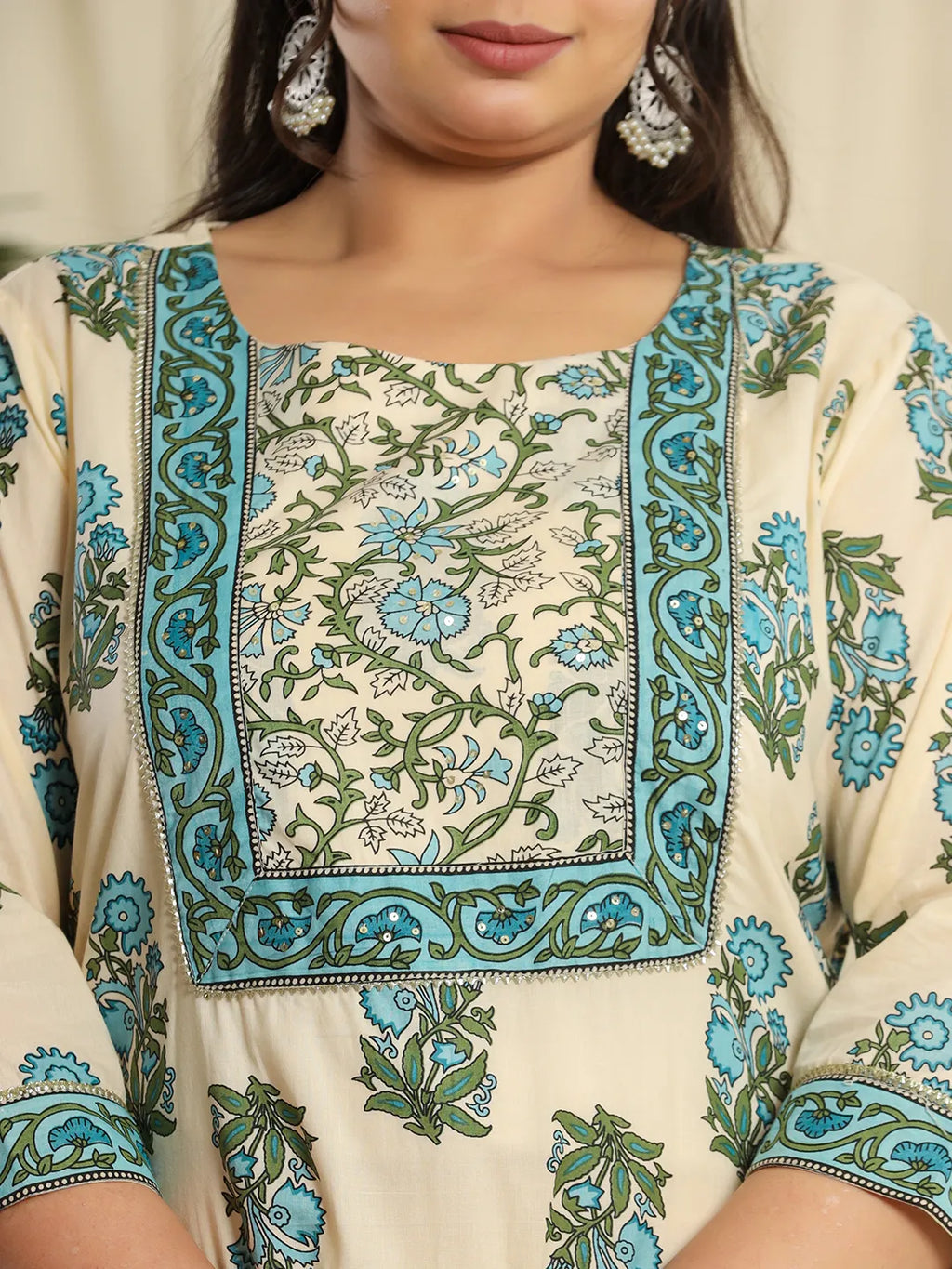Yufta Cream Pure Cotton Kurta Set With Pant & Dupatta | Grocsy