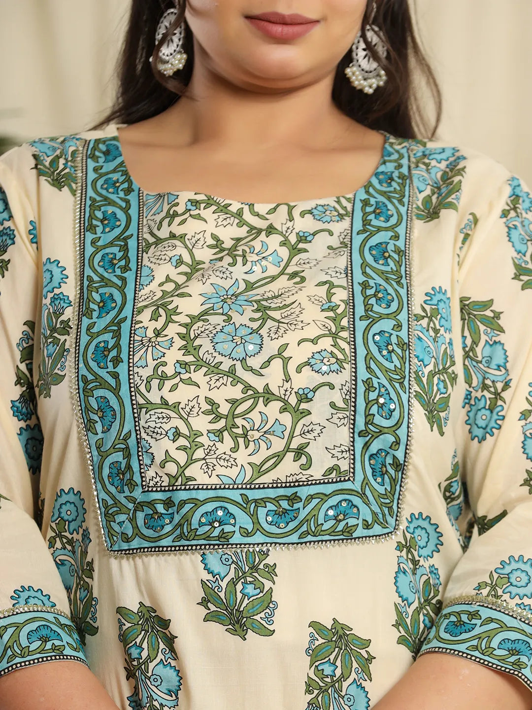 Yufta Cream Pure Cotton Kurta Set With Pant & Dupatta | Grocsy