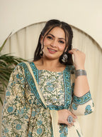 Yufta Cream Pure Cotton Kurta Set With Pant & Dupatta | Grocsy