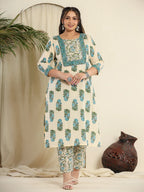 Yufta Cream Pure Cotton Kurta Set With Pant & Dupatta | Grocsy