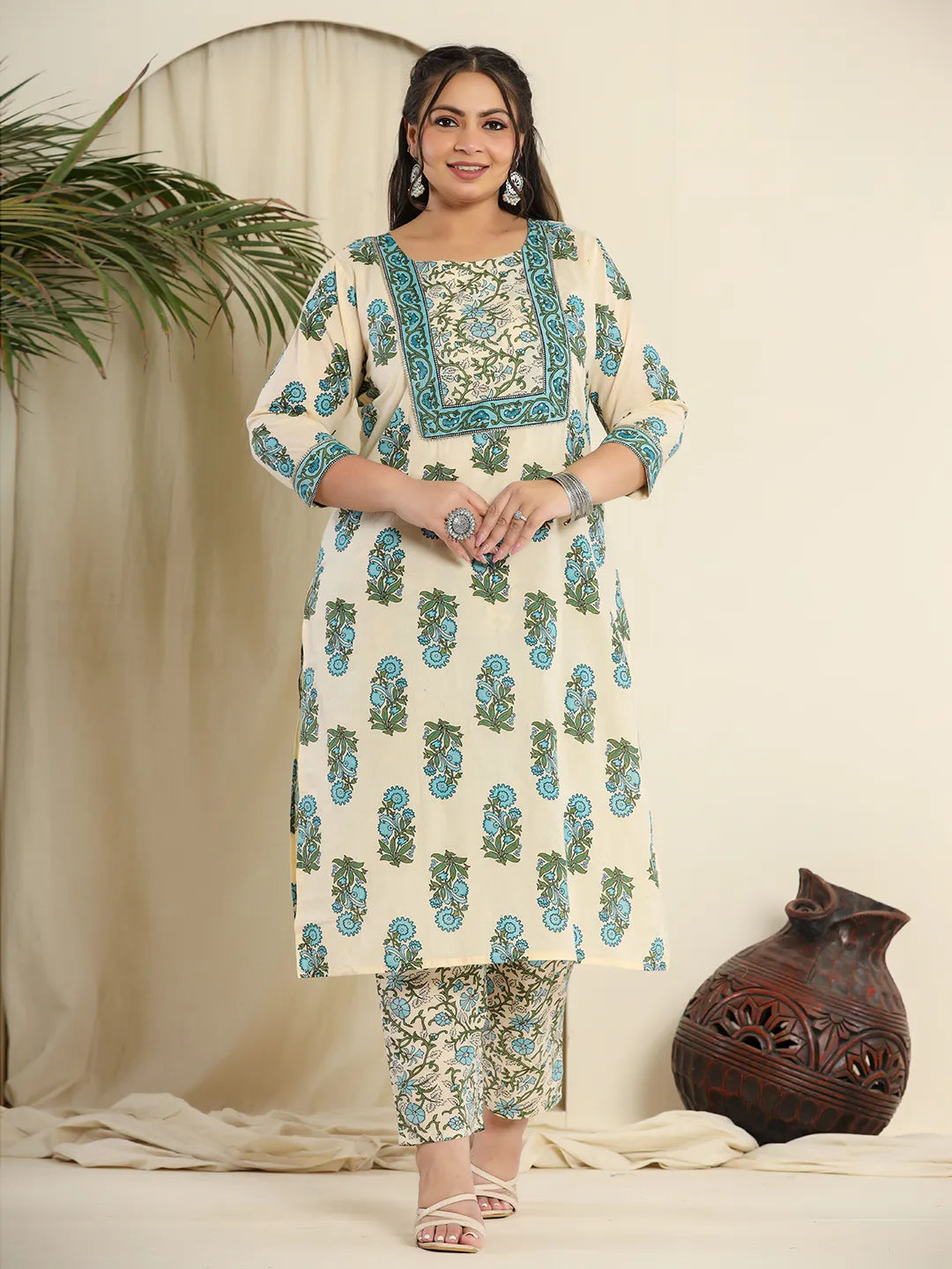 Yufta Cream Pure Cotton Kurta Set With Pant & Dupatta | Grocsy
