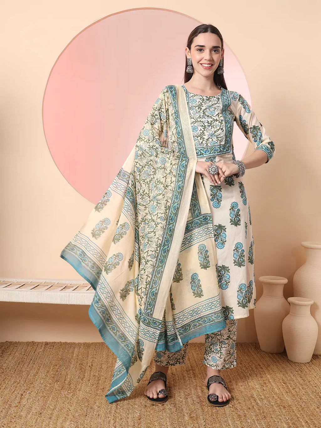 Yufta Cream Pure Cotton Block Print,Sequins_Work Kurta Set With Pant & Dupatta | Grocsy