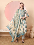 Yufta Cream Pure Cotton Block Print,Sequins_Work Kurta Set With Pant & Dupatta | Grocsy