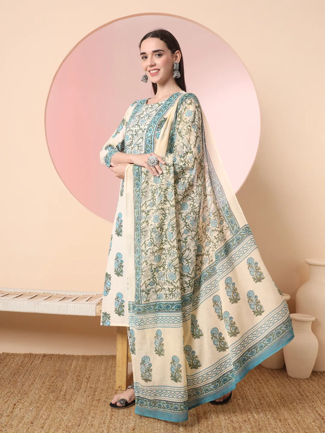 Yufta Cream Pure Cotton Block Print,Sequins_Work Kurta Set With Pant & Dupatta | Grocsy
