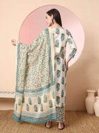 Yufta Cream Pure Cotton Block Print,Sequins_Work Kurta Set With Pant & Dupatta | Grocsy
