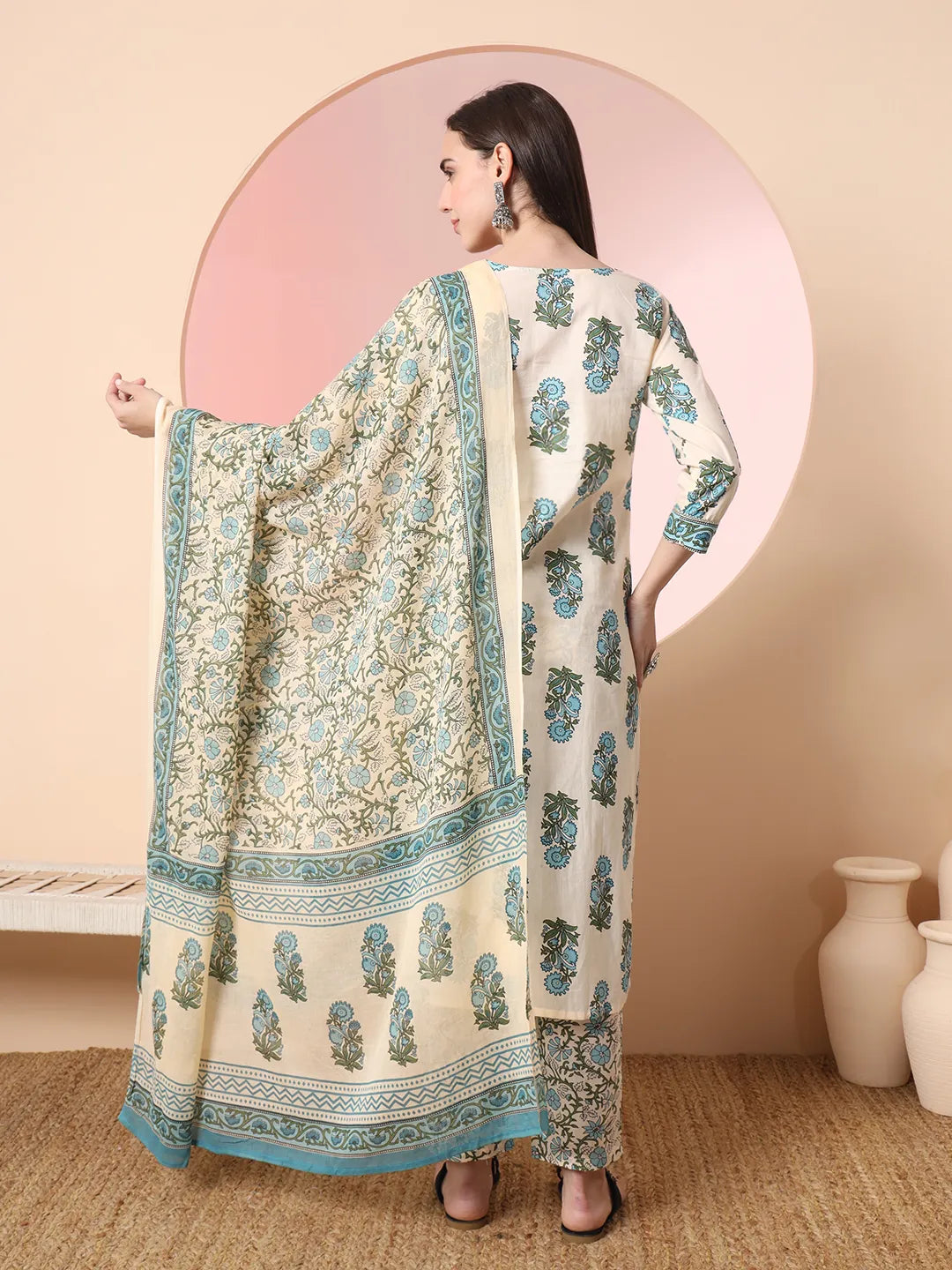 Yufta Cream Pure Cotton Block Print,Sequins_Work Kurta Set With Pant & Dupatta | Grocsy