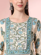 Yufta Cream Pure Cotton Block Print,Sequins_Work Kurta Set With Pant & Dupatta | Grocsy