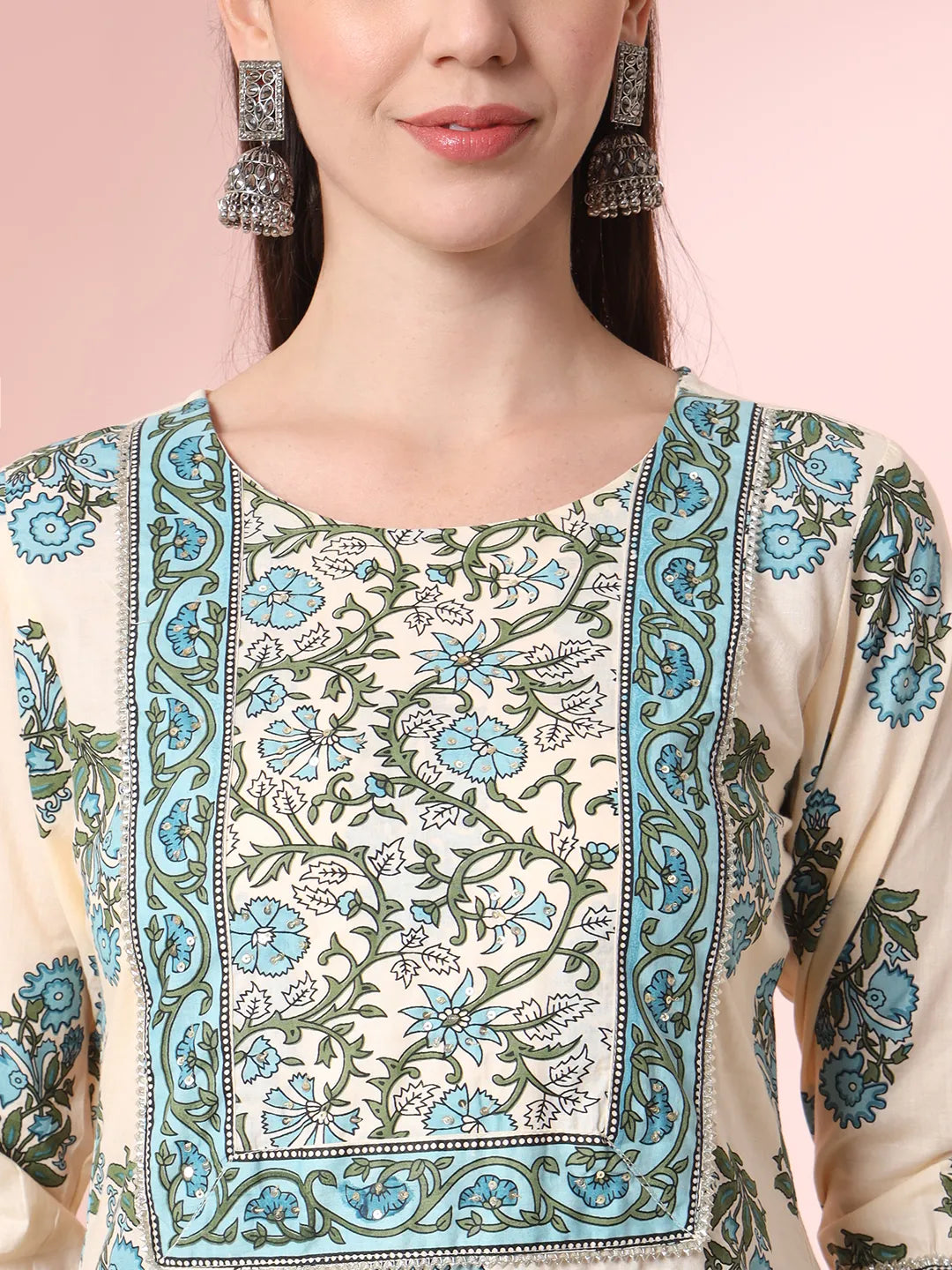 Yufta Cream Pure Cotton Block Print,Sequins_Work Kurta Set With Pant & Dupatta | Grocsy