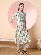 Yufta Cream Pure Cotton Block Print,Sequins_Work Kurta Set With Pant & Dupatta | Grocsy