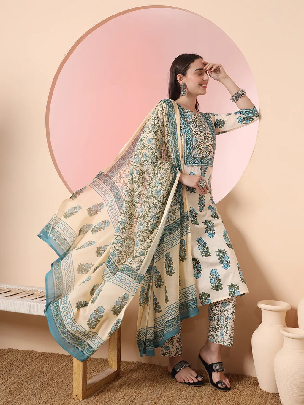 Yufta Cream Pure Cotton Block Print,Sequins_Work Kurta Set With Pant & Dupatta | Grocsy