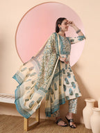Yufta Cream Pure Cotton Block Print,Sequins_Work Kurta Set With Pant & Dupatta | Grocsy