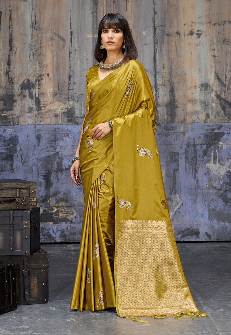 Monjolika Fashion Mustard Satin Weaving Silk Blend Saree With Elegant Golden Pallu | Grocsy