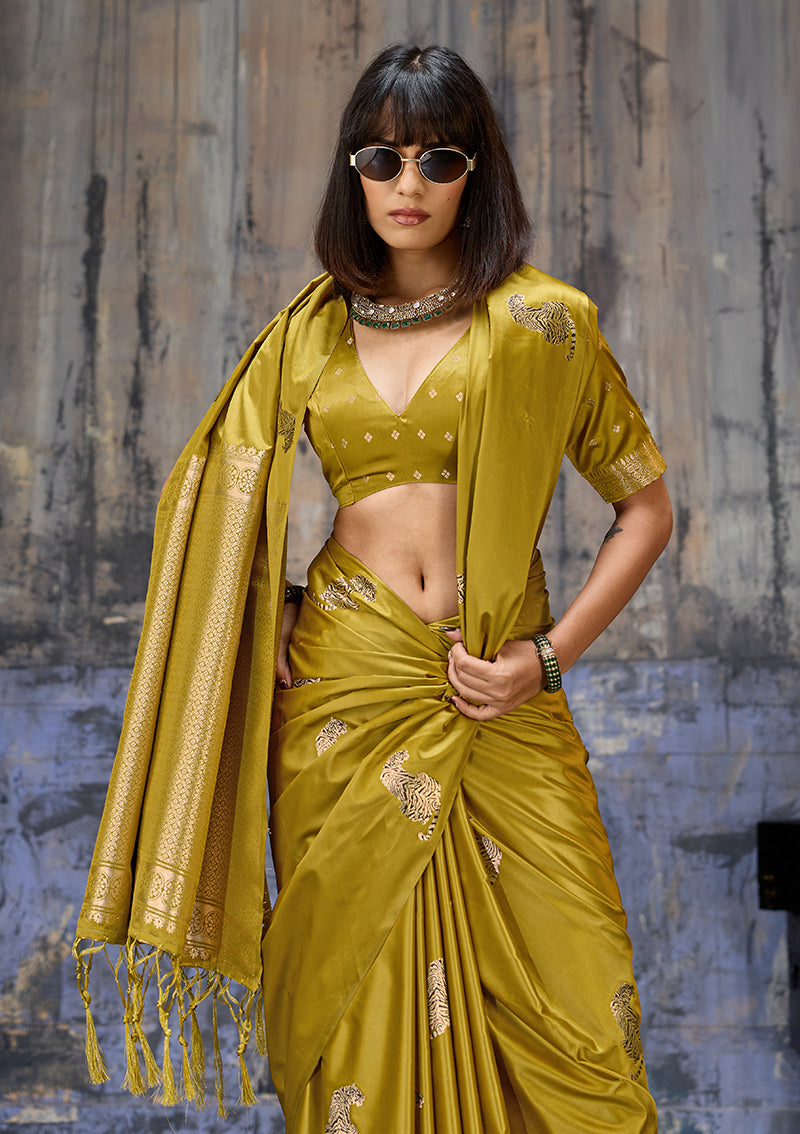 Monjolika Fashion Mustard Satin Weaving Silk Blend Saree With Elegant Golden Pallu | Grocsy