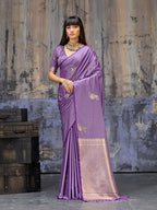 Monjolika Fashion Lavender Satin Weaving Silk Blend Saree With Elegant Golden Pallu | Grocsy
