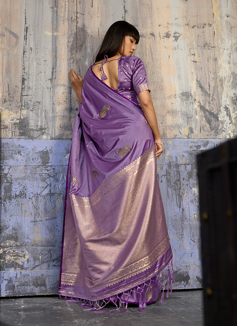 Monjolika Fashion Lavender Satin Weaving Silk Blend Saree With Elegant Golden Pallu | Grocsy