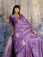 Monjolika Fashion Lavender Satin Weaving Silk Blend Saree With Elegant Golden Pallu | Grocsy