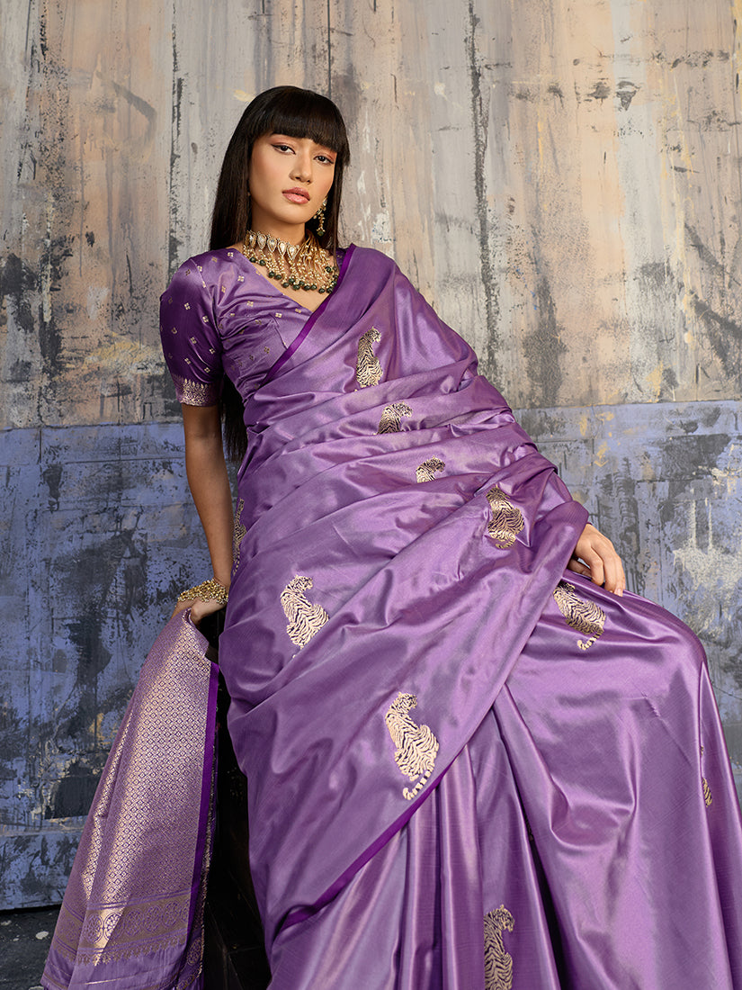 Monjolika Fashion Lavender Satin Weaving Silk Blend Saree With Elegant Golden Pallu | Grocsy