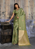 Monjolika Fashion Olive Green Satin Weaving Silk Blend Saree With Elegant Golden Pallu | Grocsy