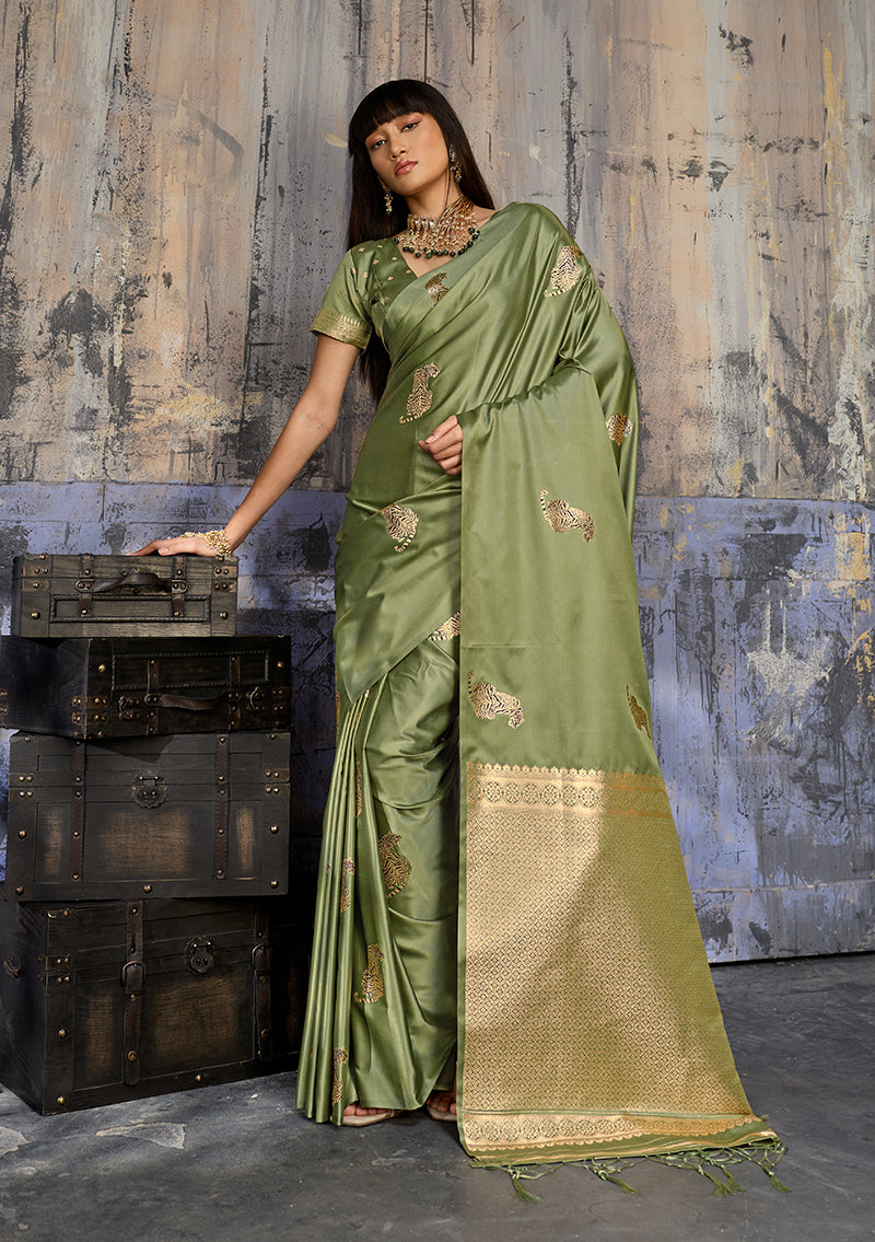 Monjolika Fashion Olive Green Satin Weaving Silk Blend Saree With Elegant Golden Pallu | Grocsy