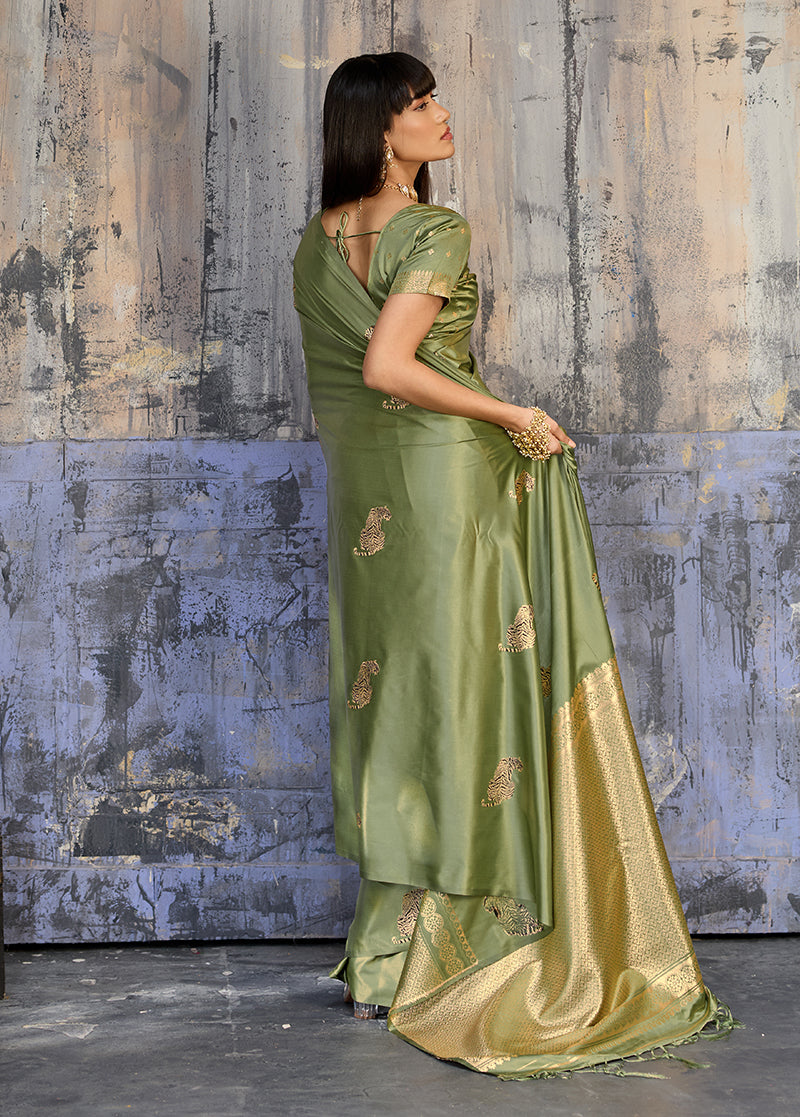 Monjolika Fashion Olive Green Satin Weaving Silk Blend Saree With Elegant Golden Pallu | Grocsy